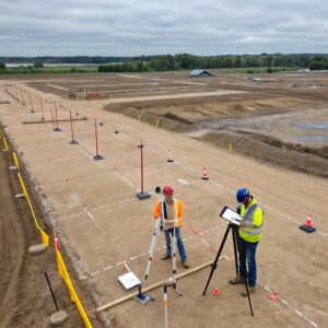 Ehitusgeodeesia rajatise alusplaadil – telgede märkimine ja kõrgusnivoo kontroll suurel ehitusplatsil Eestis