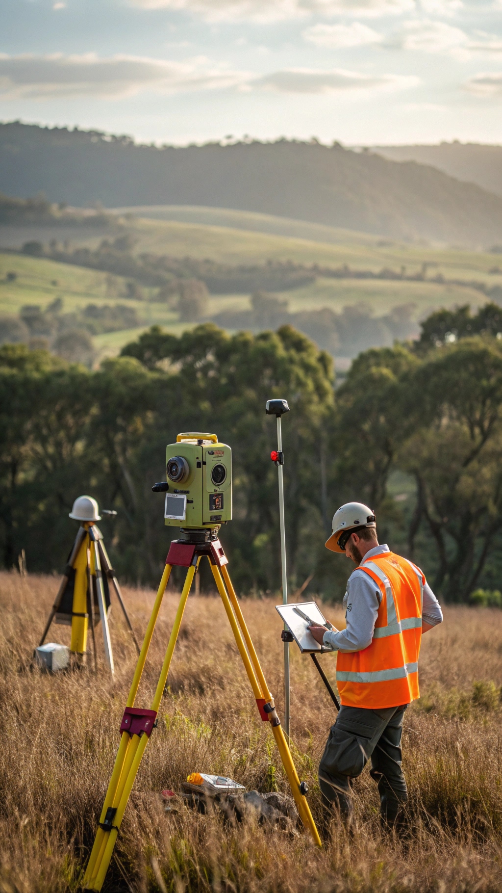 геодезические работы на участке — инженер-геодезист выполняет топографическую съёмку тахеометром