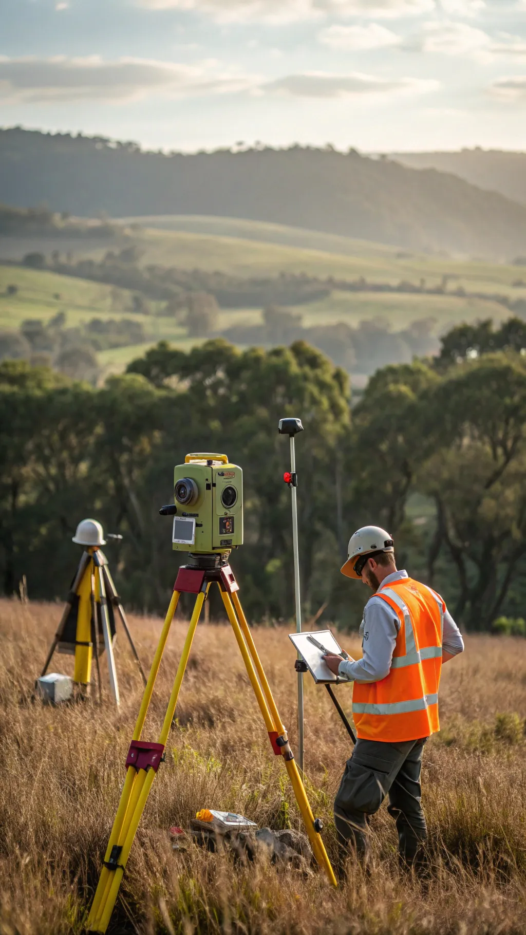 geodeetilised tööd krundil – geodeet teeb topograafilist mõõdistamist tahhümeetriga